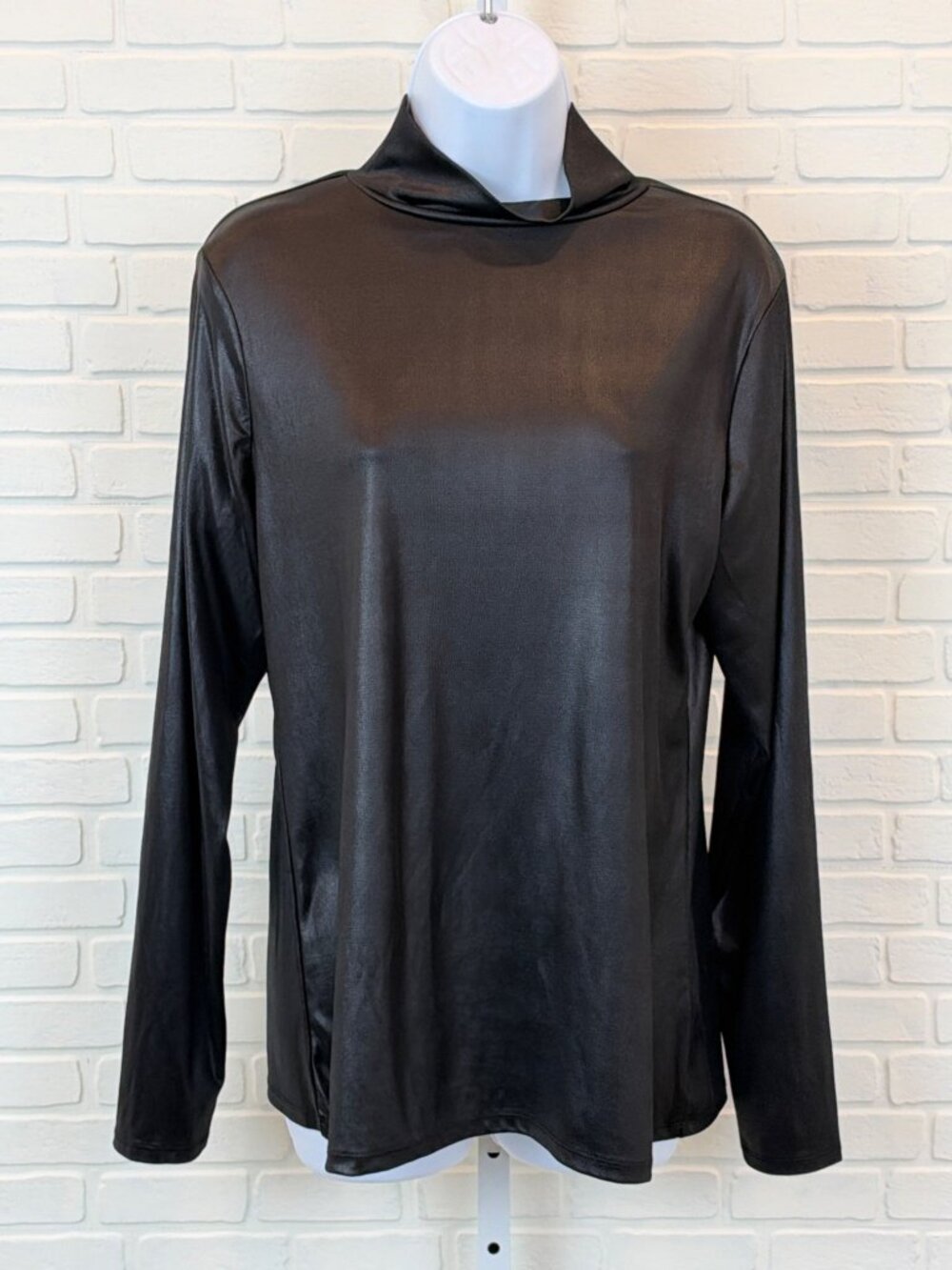 Halogen Mock Neck Top Liquid Metallic Long Sleeve Black S